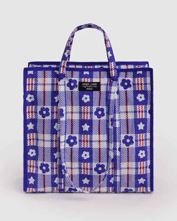 Large Nylon Market Bag - Market Plaid Blue - Size: OS