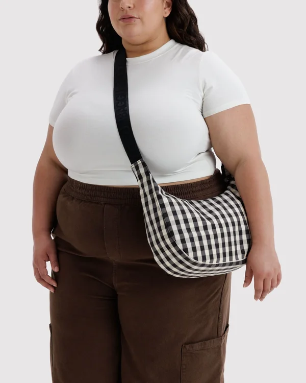 Medium Nylon Crescent Bag - Black And Cream Gingham - Material: heavyweight-nylon