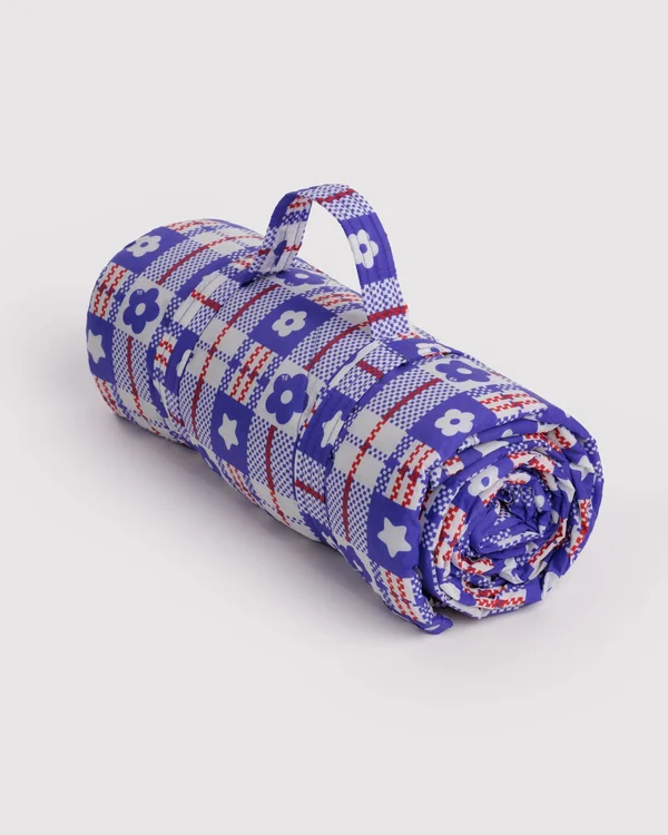 Puffy Picnic Blanket - Market Plaid Blue - Material: ripstop-nylon